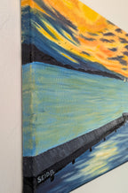 10x18" original oil painting of lone man on the dock watching sailboats toward the sunset, lt side