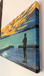 10x18" original oil painting of lone man on the dock watching sailboats toward the sunset, rt side