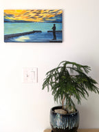 10x18" original oil painting of lone man on the dock watching sailboats toward the sunset, over table