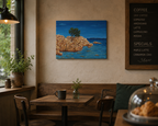 12x16 Original acrylic painting of the island of Sardinia surrounded by ocean, painted on deep cradle canvas, displayed in a cafe