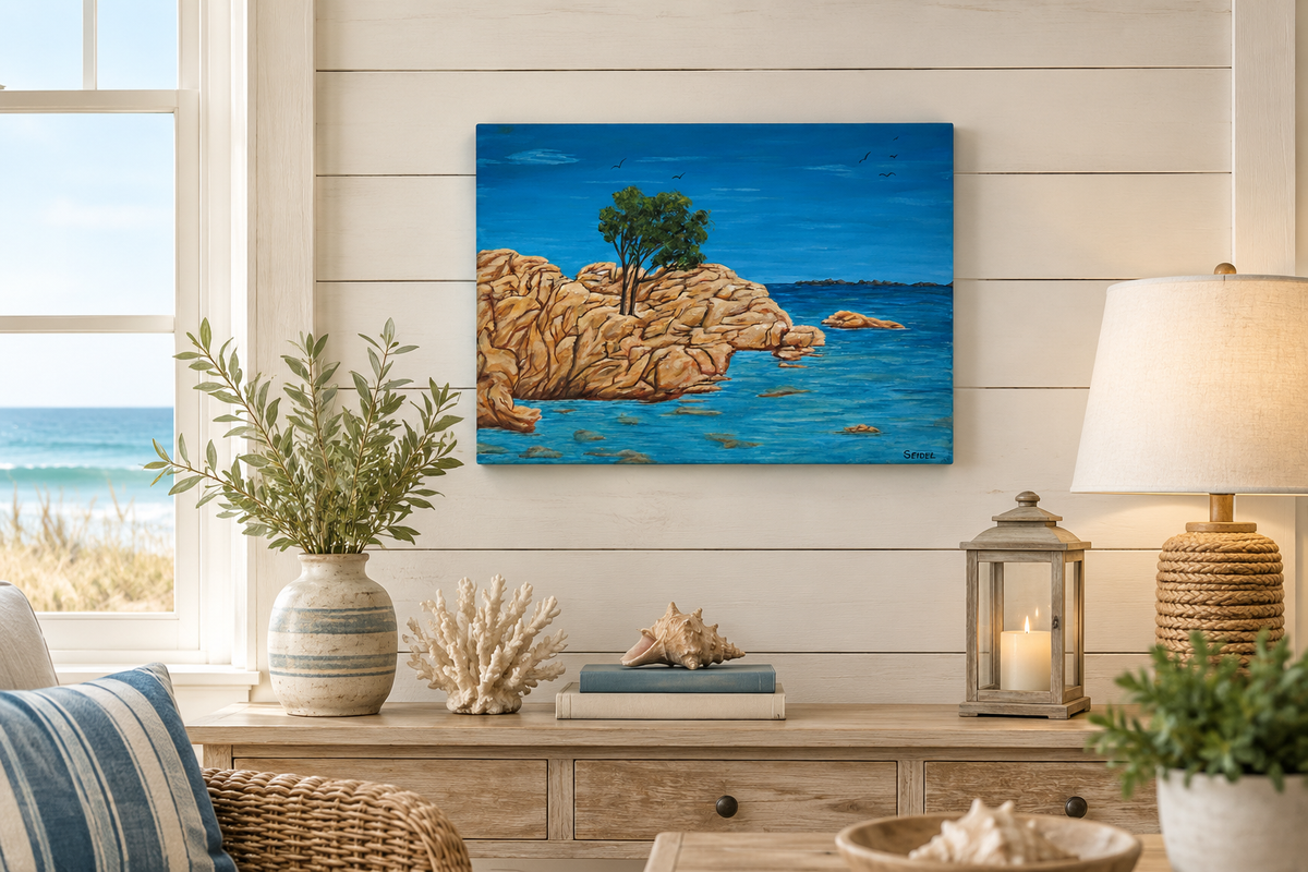 12x16 Original acrylic painting of the island of Sardinia surrounded by ocean, painted on deep cradle canvas, shown in a seaside cottage