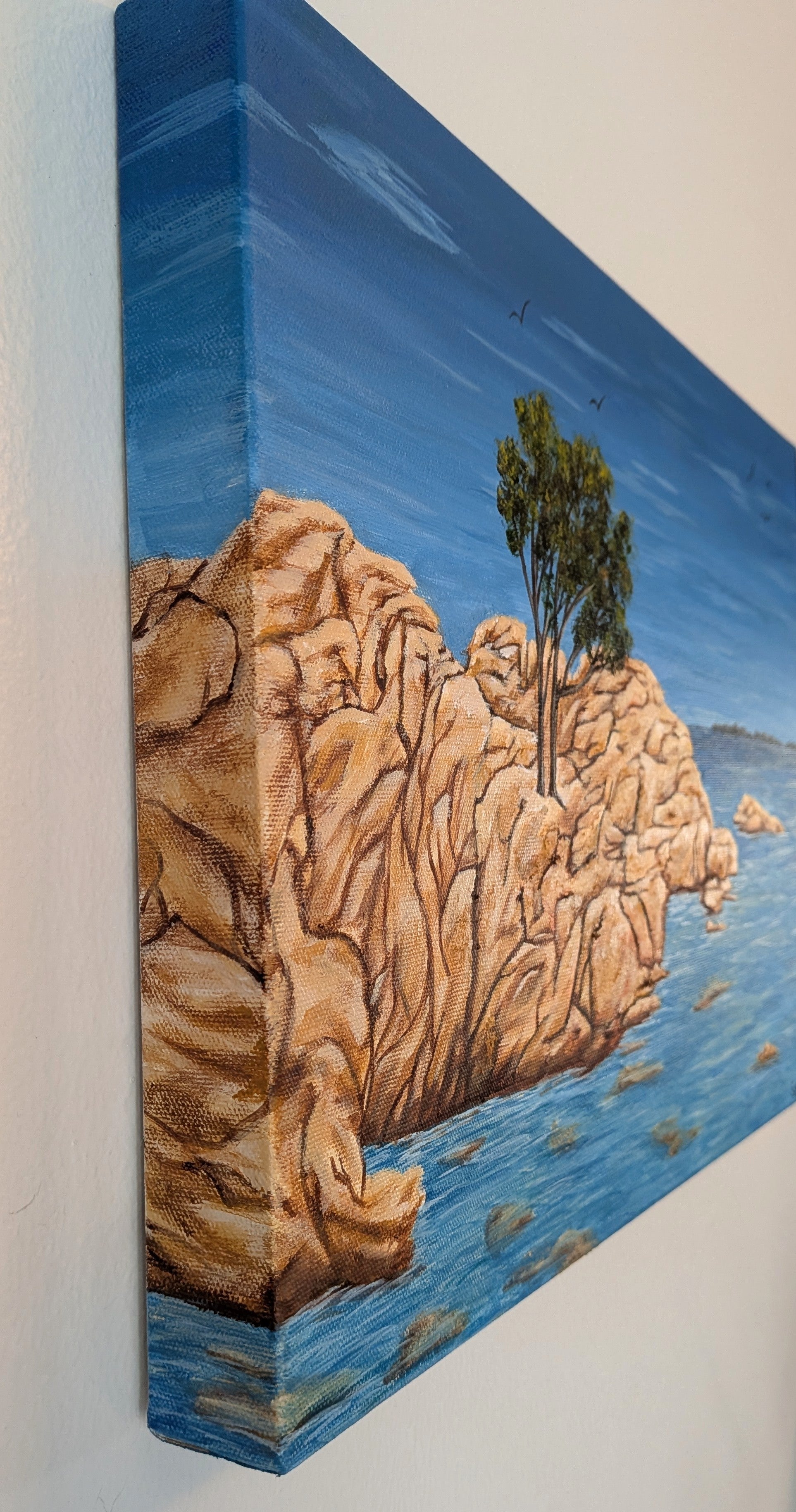 12x16 Original acrylic painting of the island of Sardinia surrounded by ocean, painted on deep cradle canvas, showing painted left side