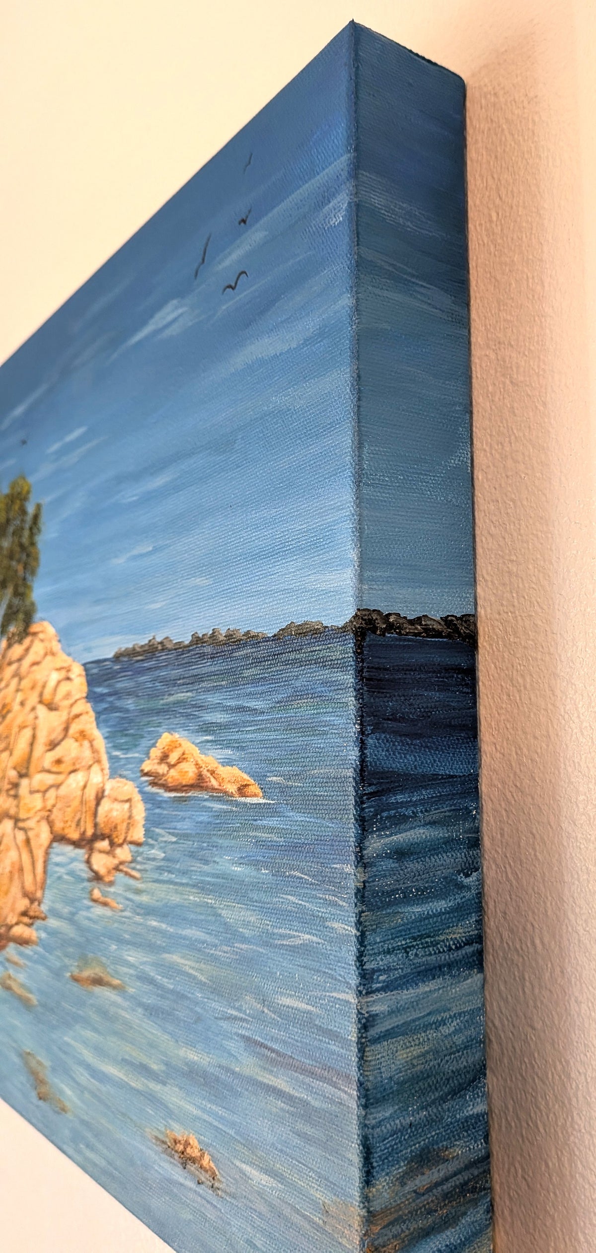 12x16 Original acrylic painting of the island of Sardinia surrounded by ocean, painted on deep cradle canvas, showing painted right side