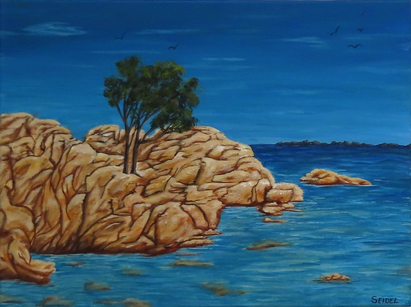 12x16 Original acrylic painting of the island of Sardinia surrounded by ocean, painted on deep cradle canvas