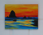 9x12" original acrylic painting, colorful sunset, sea stacks formations off shore, reflections in the tidewaters, unframed