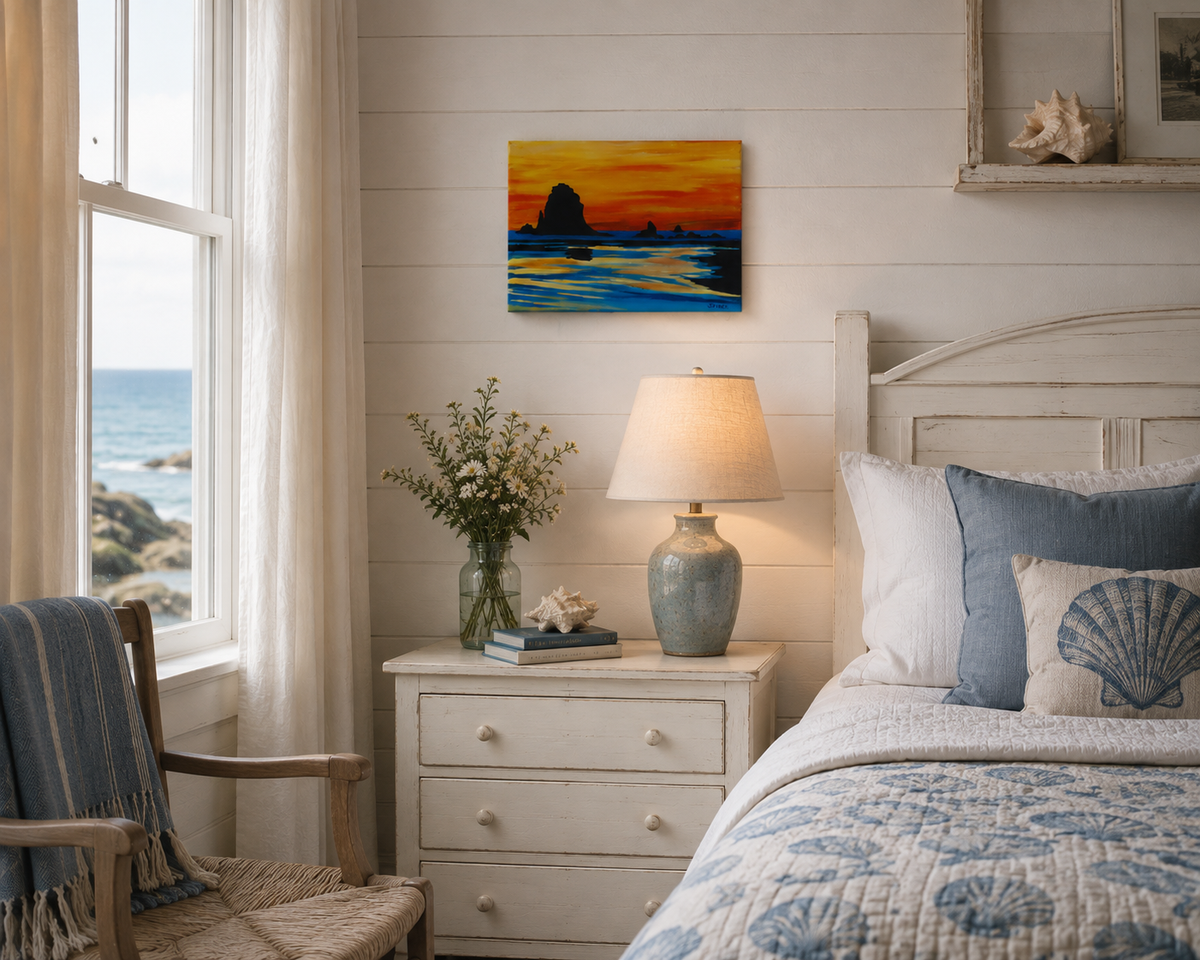 9x12" original acrylic painting, colorful sunset, sea stacks formations off shore, reflections in the tidewaters, shown in a bedroom