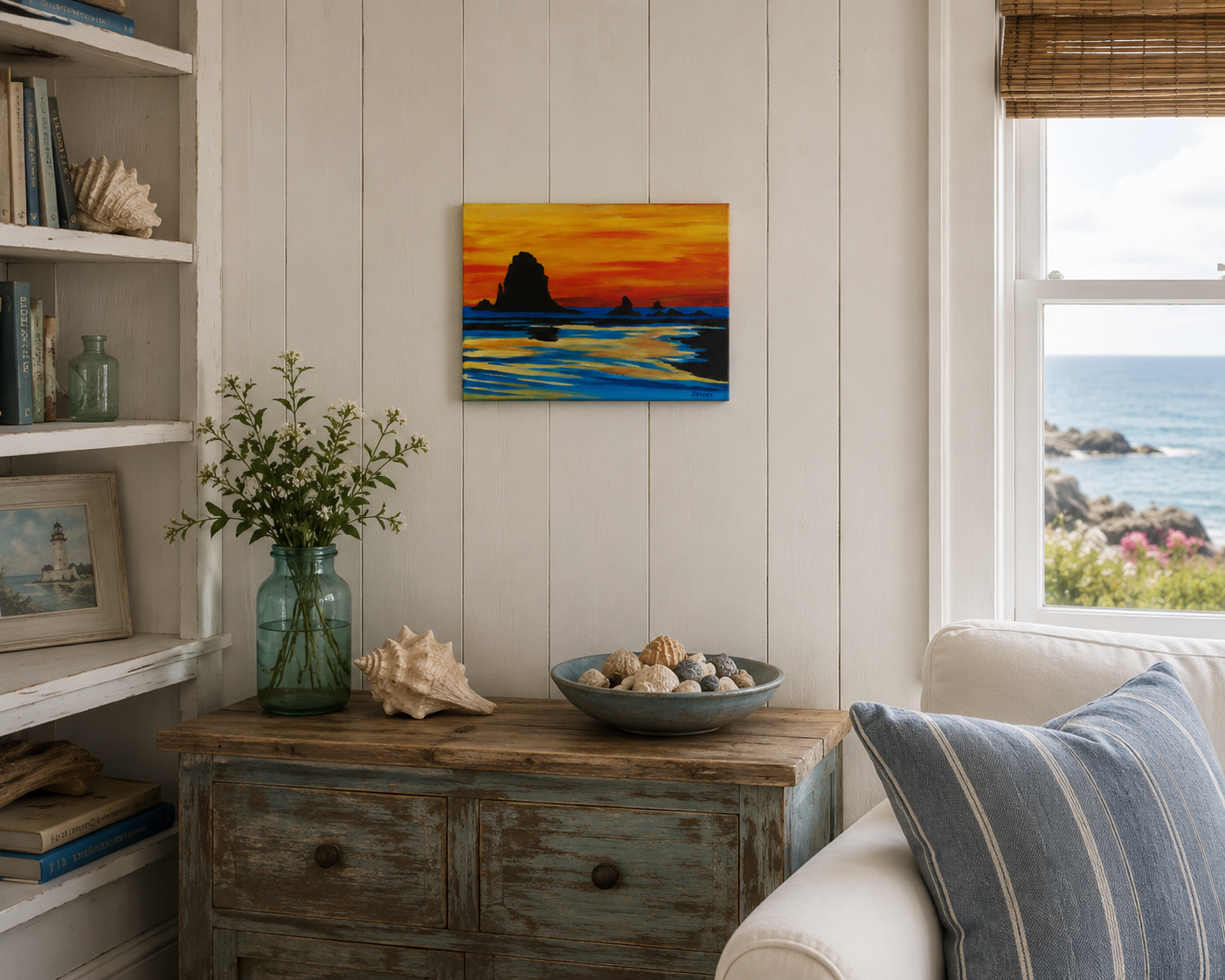 9x12" original acrylic painting, colorful sunset, sea stacks formations off shore, reflections in the tidewaters, unframed, shown in a seaside cottage