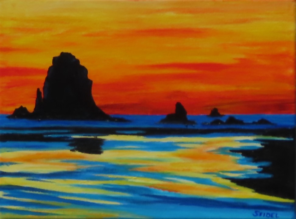 9x12" original acrylic painting, colorful sunset, sea stacks formations off shore, reflections in the tidewaters, unframed
