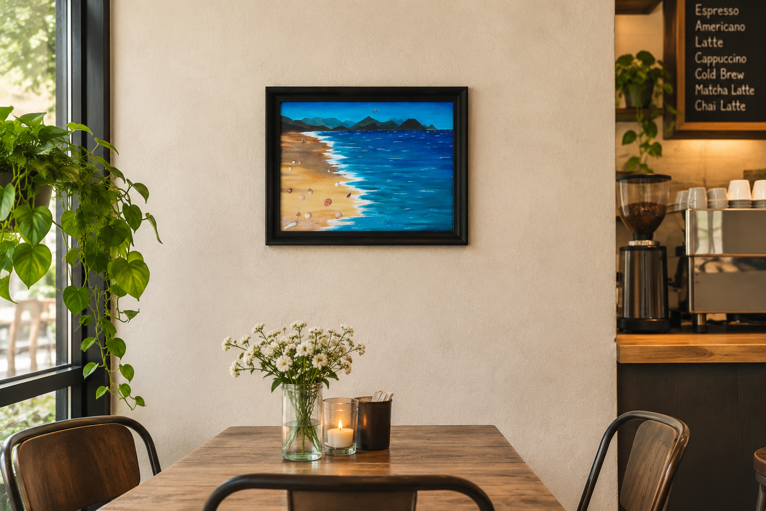 11x14" original mixed media acrylic painting, ocean, sand, shells, framed in black, shown in cafe