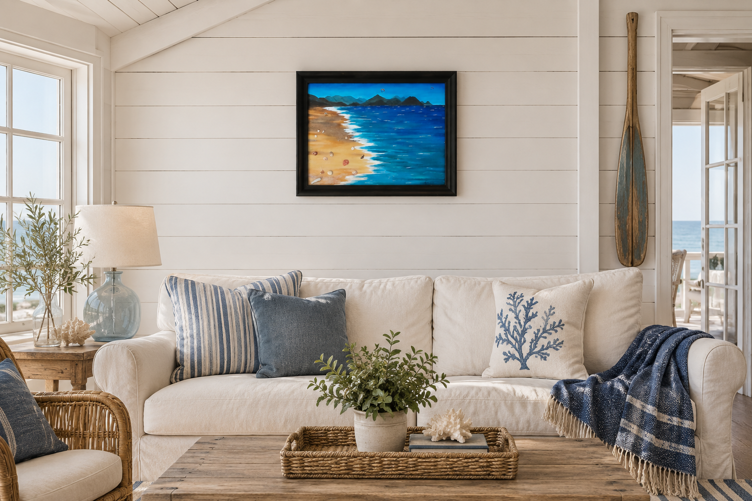 11x14" original mixed media acrylic painting, ocean, sand, shells, framed in black, shown in seaside cottage