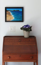 11x14" original mixed media acrylic painting, ocean, sand, shells, framed in black, shown over secretary desk
