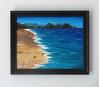 11x14" original mixed media acrylic painting, ocean, sand, shells, framed in black