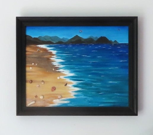 11x14" original mixed media acrylic painting, ocean, sand, shells, framed in black