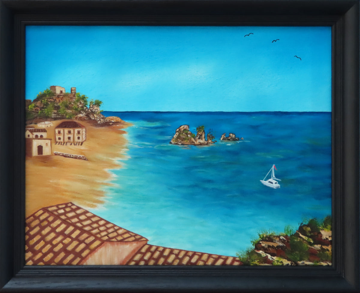 11x14" original oil painting, mixed media, villas on sandy beach, saiboat on a beautiful ocean, framed