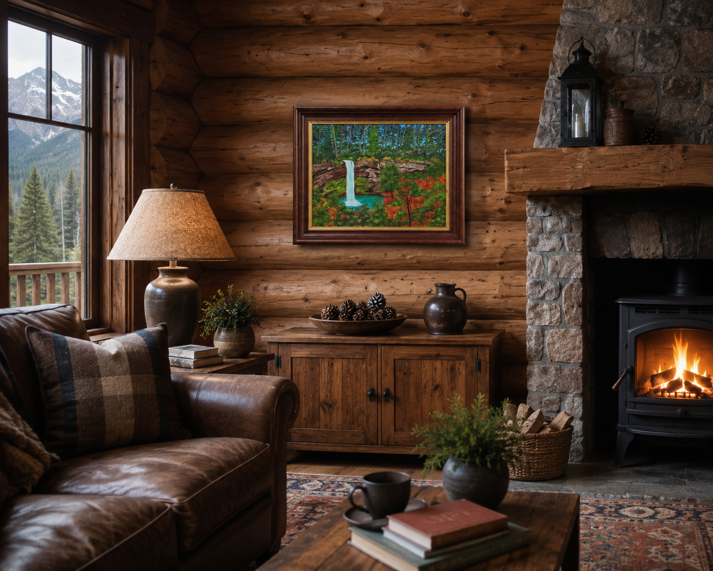 original 16x20  oil painting, waterfall  and pool amidst fall foilage, framed, pictured in a mountain cabin