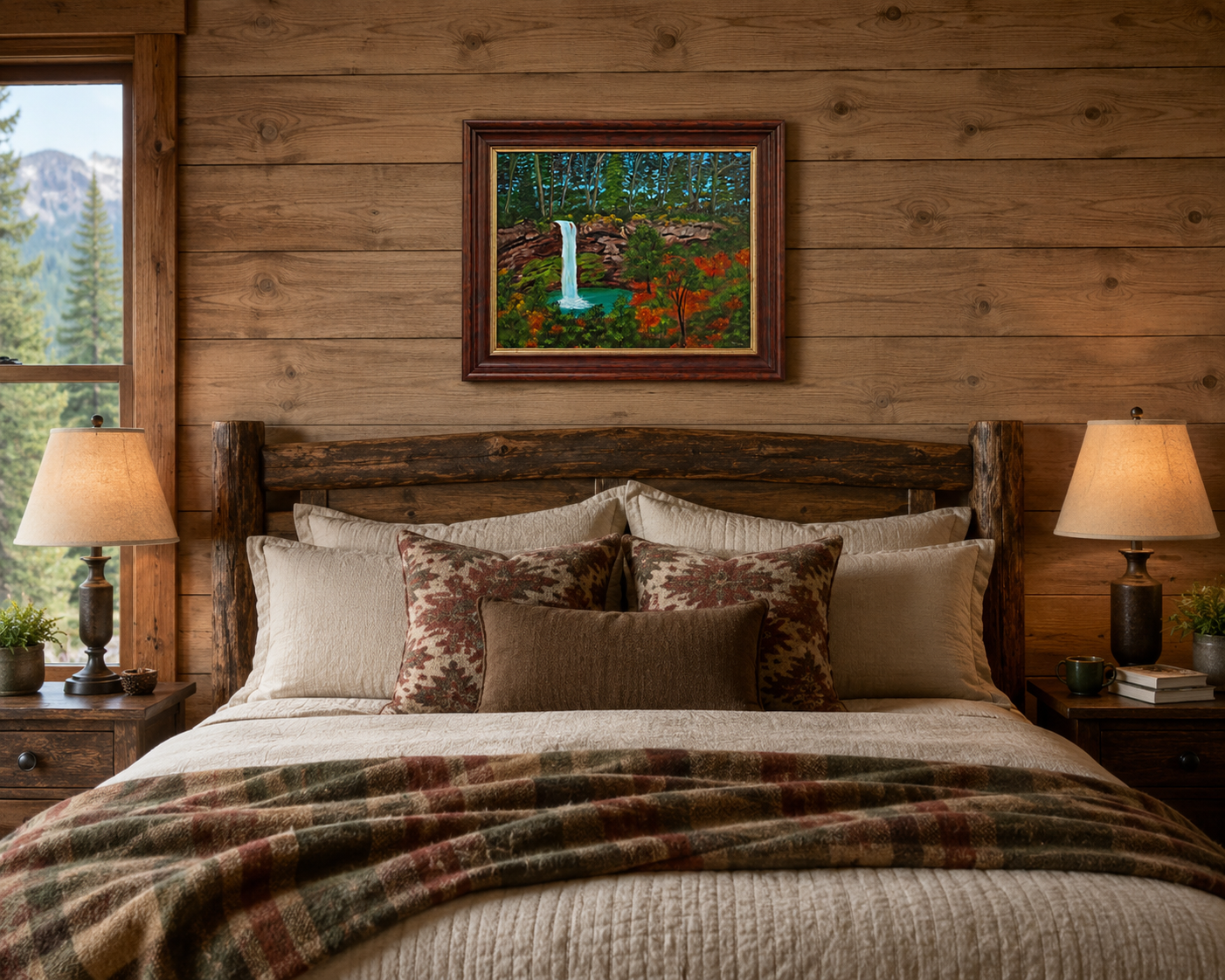 original 16x20  oil painting, waterfall  and pool amidst fall foilage, framed, pictured over a bed