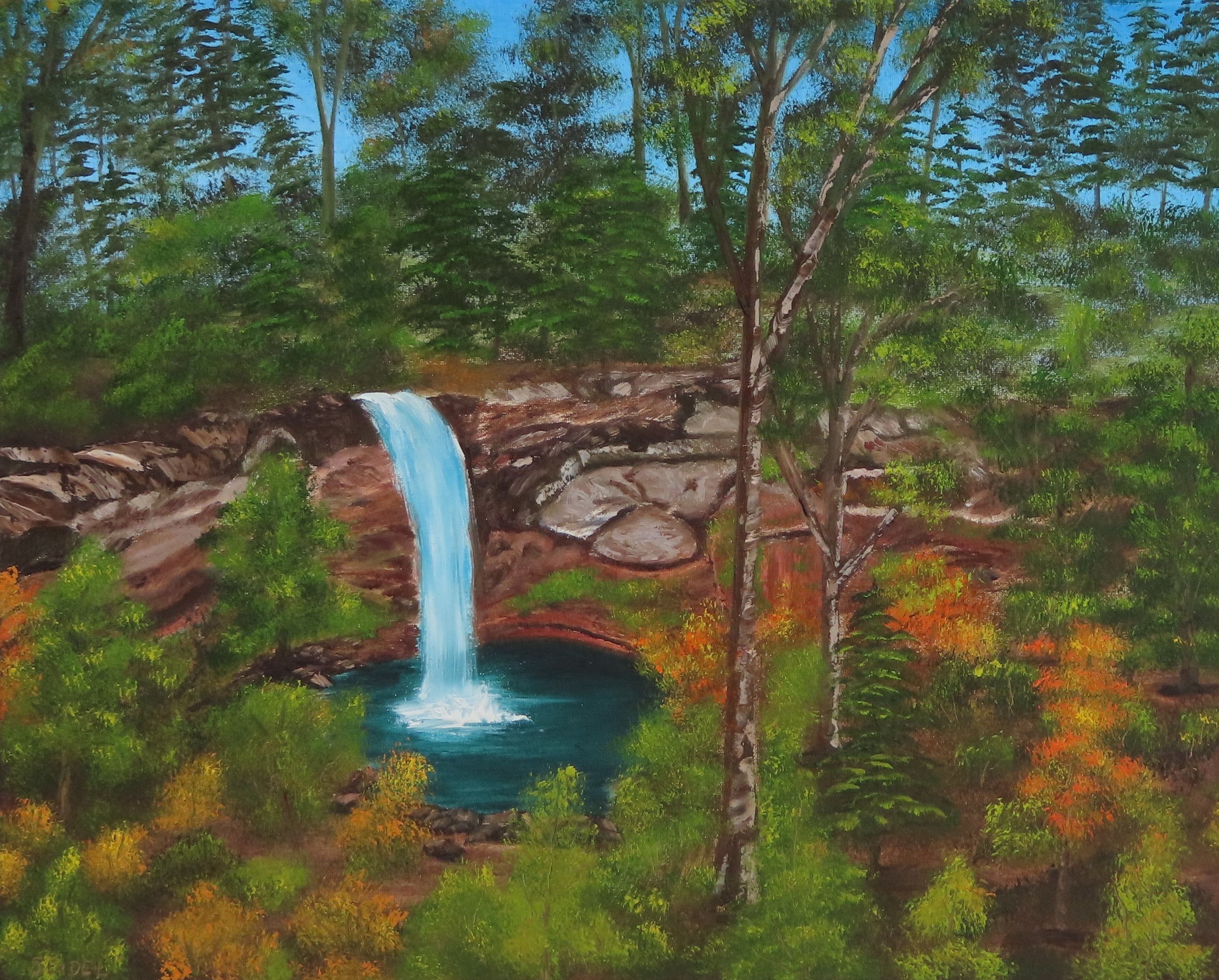 original 16x20 oil painting, waterfall  and pool amidst fall foilage,unframed