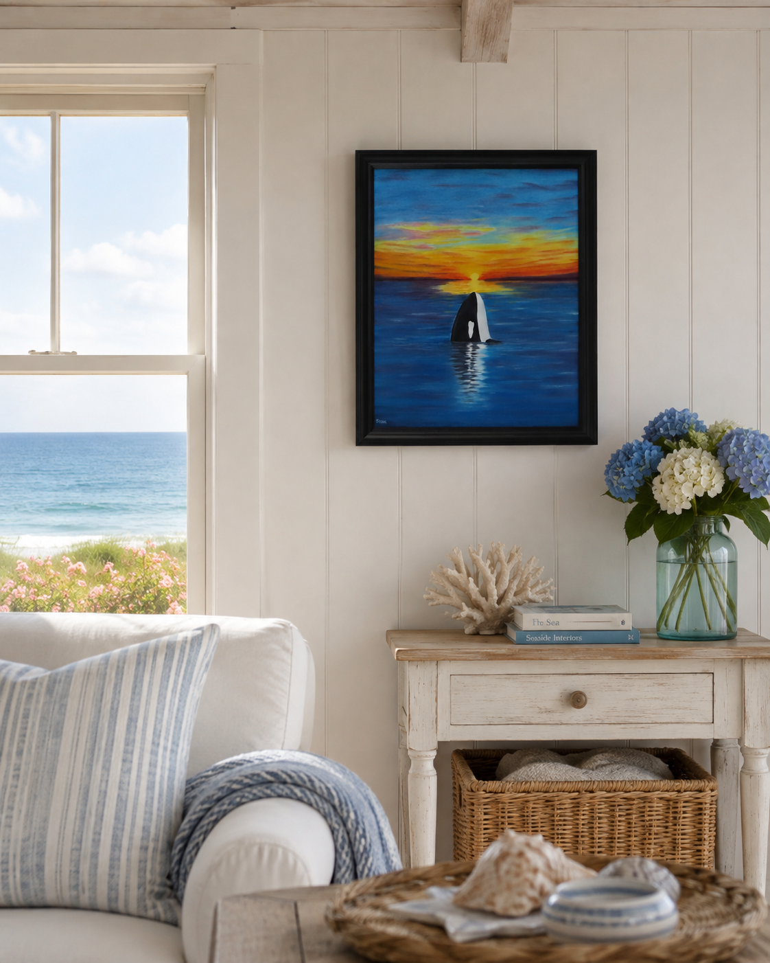 original 16x20 oil painting, orca whale, sunset, framed shown in cottage