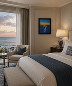 original 16x20 oil painting, orca whale, sunset, displayed in hotel room
