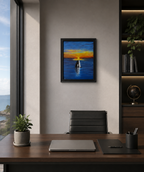 original 16x20 oil painting, orca whale, sunset, framed, shown behind office desk