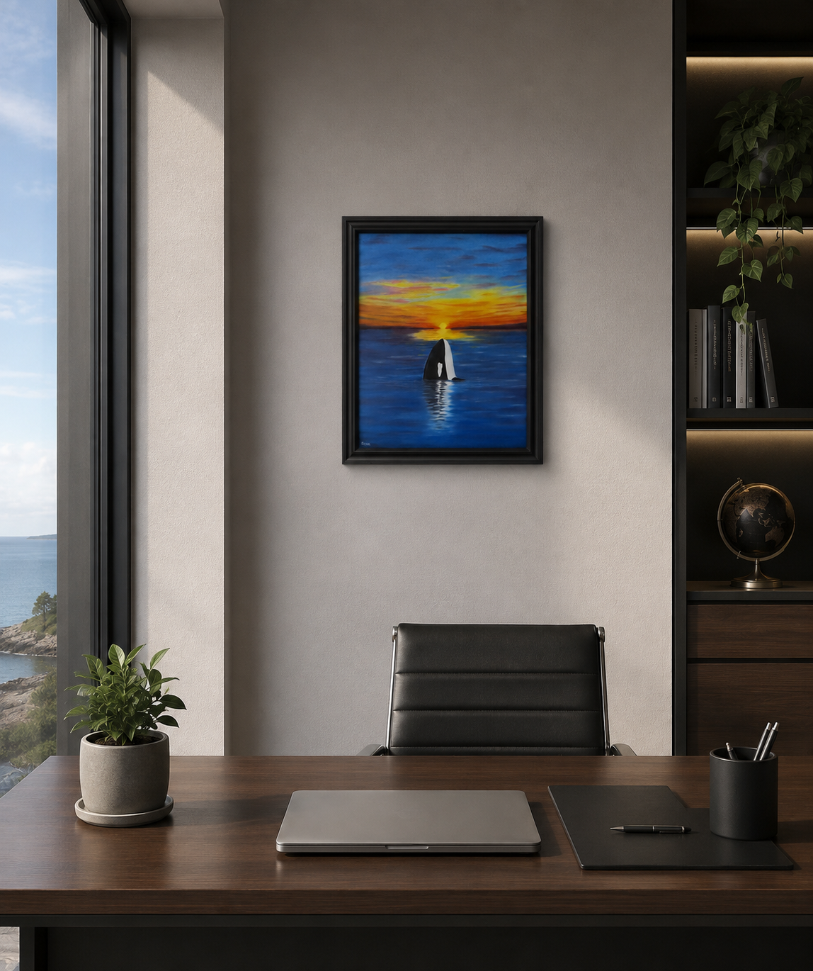 original 16x20 oil painting, orca whale, sunset, framed, shown behind office desk