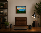 original oil painting, pastel sunrise over Smoky Mountains with clouds in the valley, framed, displayed behind office desk