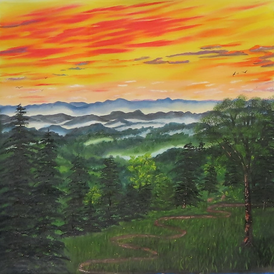 sunset in Smoky mountains, original oil painting mounted behind 28" x 27" window, closeup without window