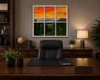 sunset in Smoky mountains, original oil painting mounted behind 28" x 27" window, displayed behind an office desk