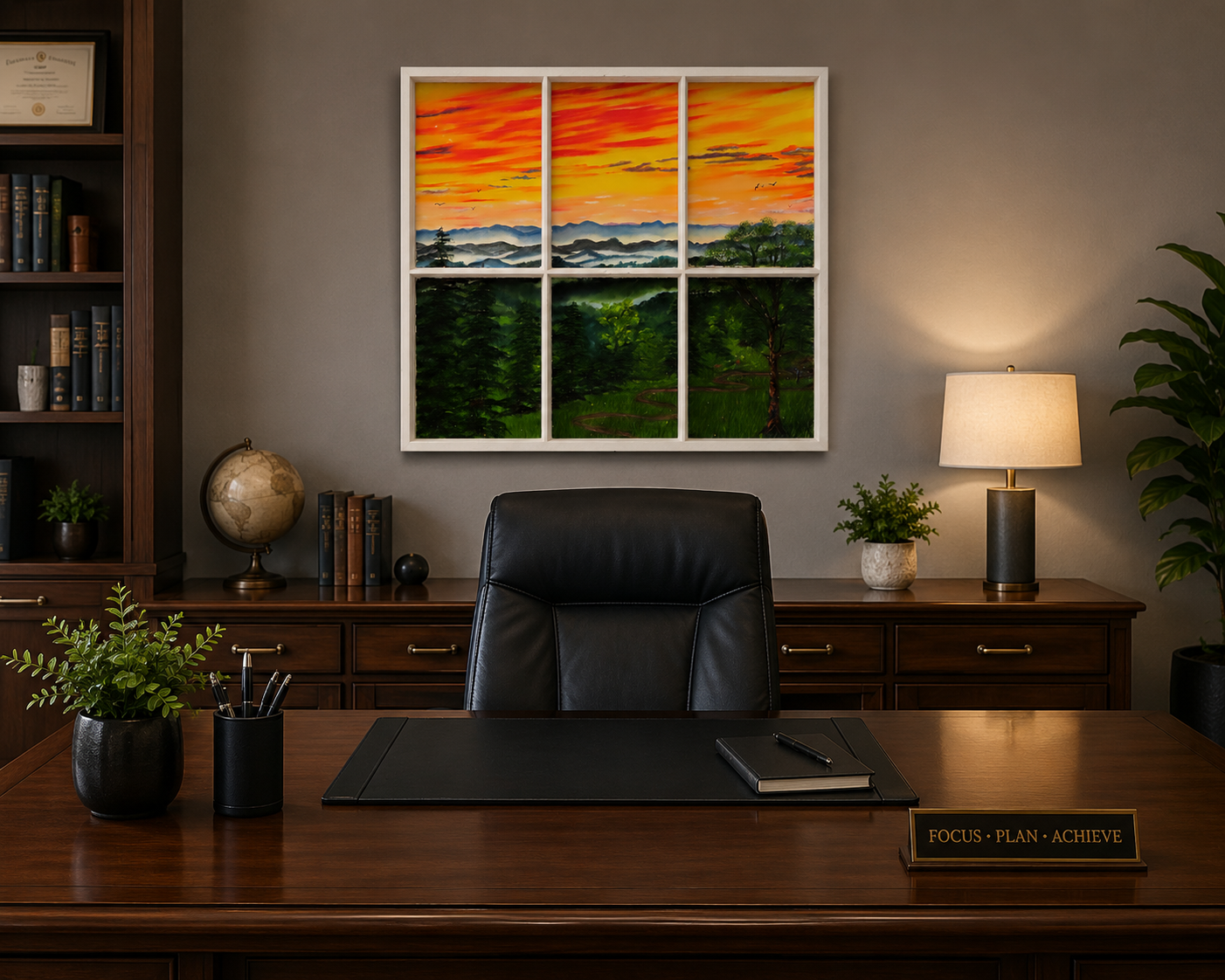 sunset in Smoky mountains, original oil painting mounted behind 28" x 27" window, displayed behind an office desk