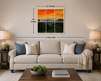 sunset in Smoky mountains, original oil painting mounted behind 28" x 27" window, displayed over a sofa