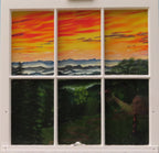 sunset in Smoky mountains, original oil painting mounted behind 28" x 27" window