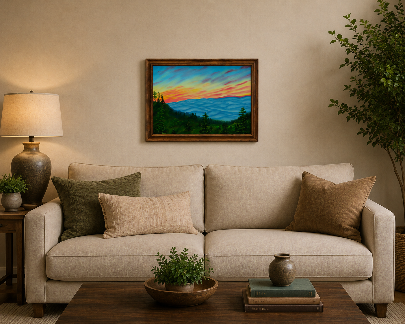 original oil painting, pastel sunrise over Smoky Mountains with clouds in the valley, framed, displayed over sofa