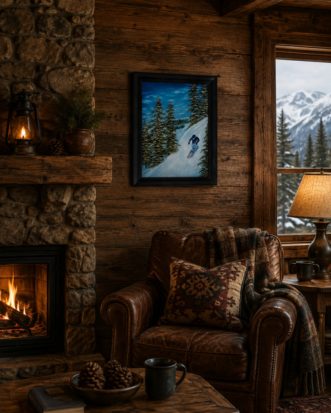 original 12x16 inch oil painting of snowboarder on mountain, displayed in cabin