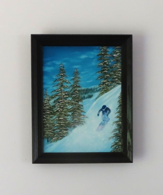 12x16" Original oil painting, snowboarder on mountain, framed