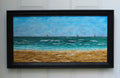 12x24 original oil painting of ocean, waves, sailboats, paragliders, and sandy beach, framed in black