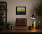 original oil painting, brilliant sunrise over misty mountains and trees, framed in black, displayed behind an office desk