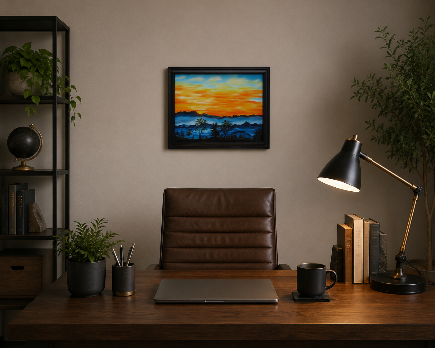 original oil painting, brilliant sunrise over misty mountains and trees, framed in black, displayed behind an office desk