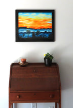 16x20" original oil painting, brilliant sunrise over misty mountains and trees, framed, shown over secretary desk