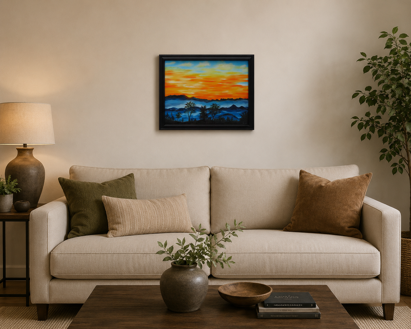 original oil painting, brilliant sunrise over misty mountains and trees, framed in black, displayed over sofa