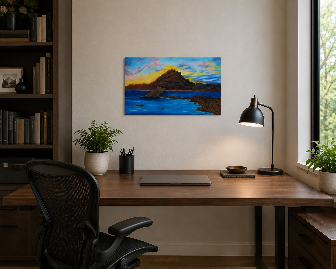 original oil painting, 14x24 beveled canvas, delicate pastel clouds in evening sky, contrasted by bold textured mountains and shadowed waters