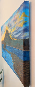 original oil painting, 14x24 beveled canvas, delicate pastel clouds in evening sky, contrasted by bold textured mountains and shadowed waters, showing the right side
