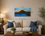 original oil painting, 14x24 beveled canvas, delicate pastel clouds in evening sky, contrasted by bold textured mountains and shadowed waters, pictured over a sofa
