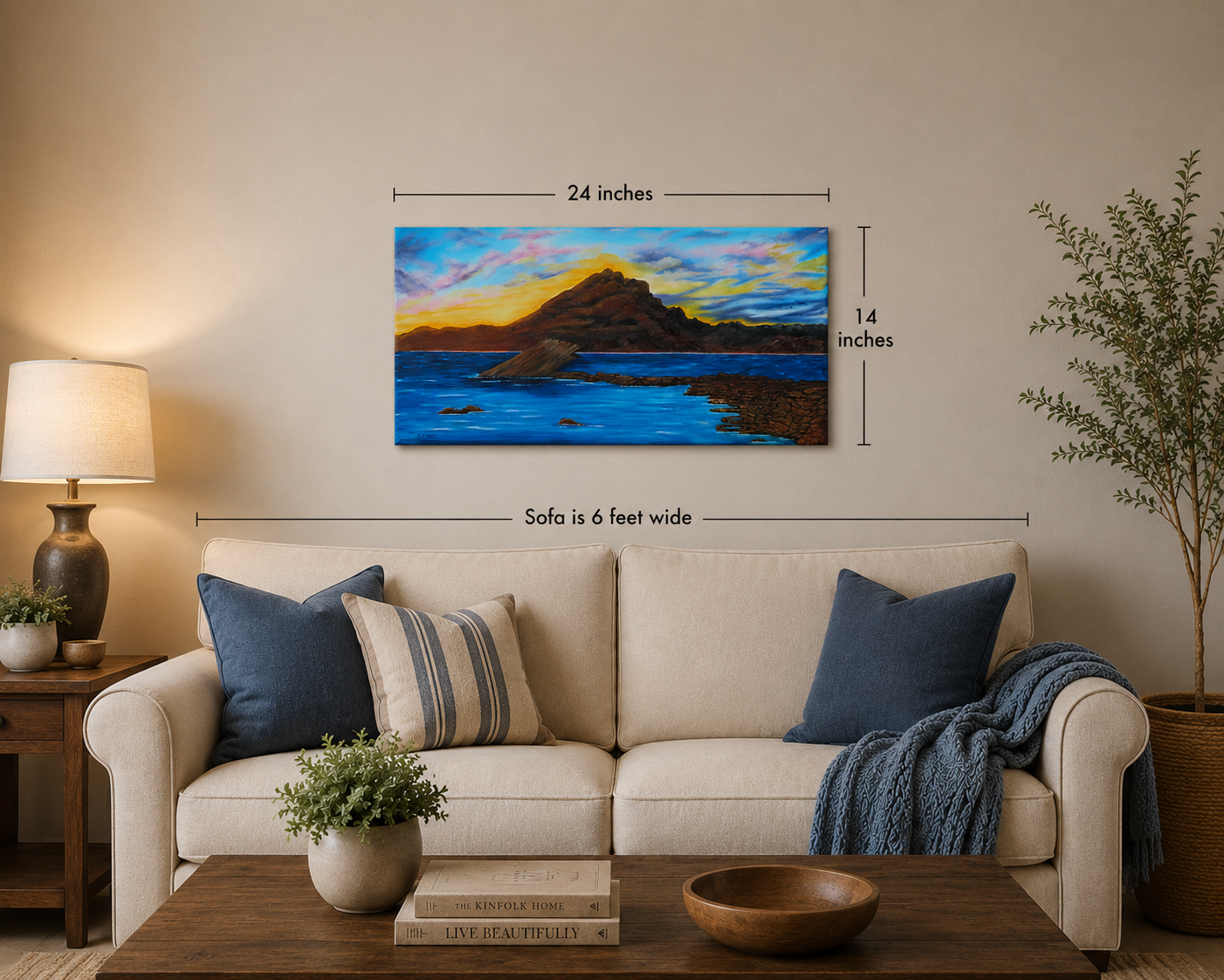 original oil painting, 14x24 beveled canvas, delicate pastel clouds in evening sky, contrasted by bold textured mountains and shadowed waters, pictured over a sofa