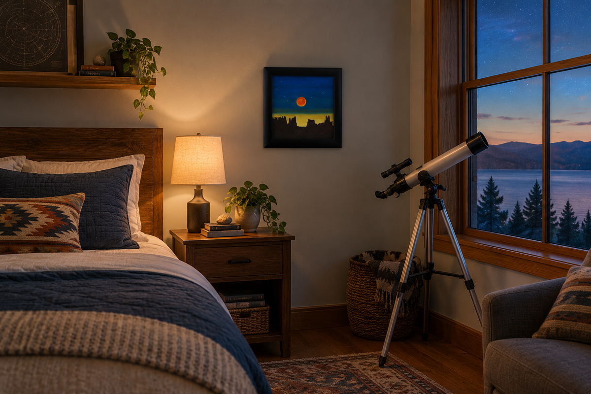 8x8" mesmerizing depiction of a blood moon rising at dusk. shown in a bedroom with a telescope in it