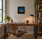 8x8" mesmerizing depiction of a blood moon rising at dusk over mountains, shown in an office