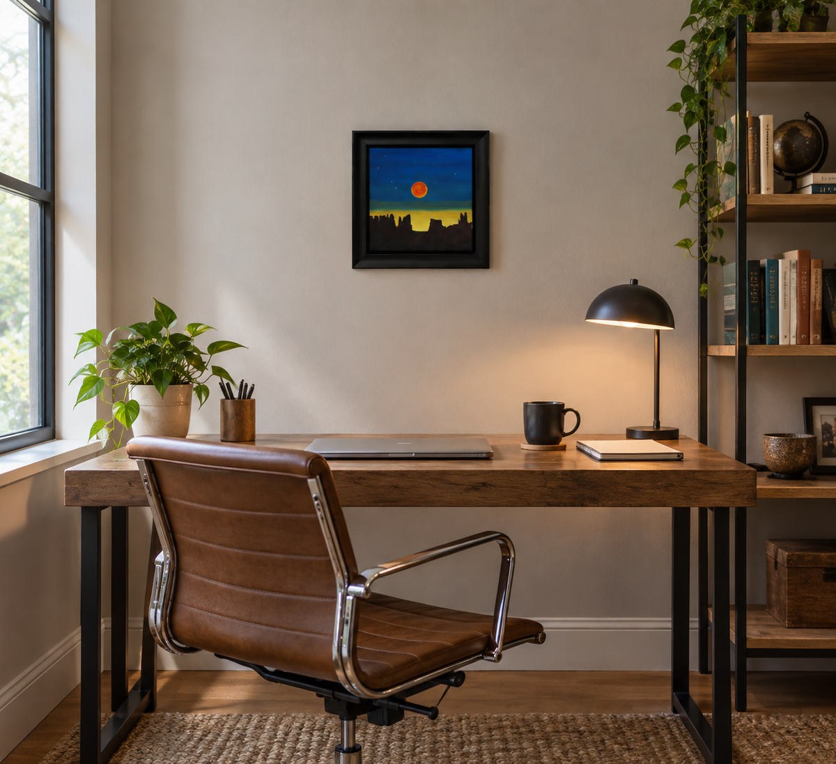 8x8" mesmerizing depiction of a blood moon rising at dusk over mountains, shown in an office