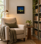 8x8" mesmerizing depiction of a blood moon rising at dusk over mountains, shown in a cozy reading nook