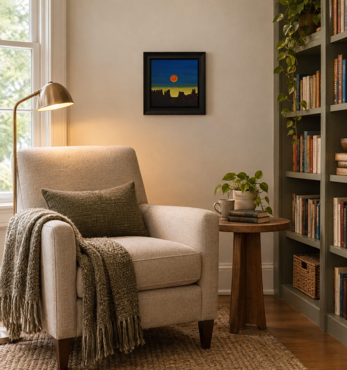 8x8" mesmerizing depiction of a blood moon rising at dusk over mountains, shown in a cozy reading nook