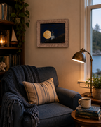 8x10" Original oil painting on canvas panel, super moon rising behind lighthouse on a Hawaiian mountain, specialty framed, shown in a reading nook