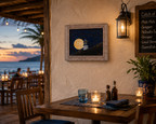 8x10" Original oil painting on canvas panel, super moon rising behind lighthouse on a Hawaiian mountain, specialty framed, shown in a restaraunt on the bech